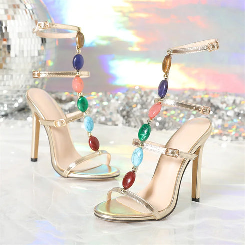 Chic Bohemian Gladiator Sandals with Colorful Gem Detail for Summer Events