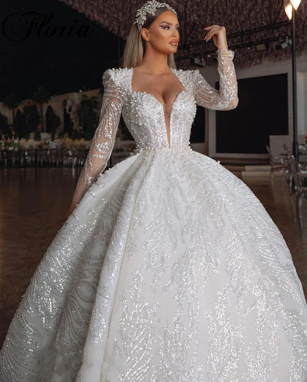 Customized Dubai Wedding Dress More Pearls Sequins Bridal Ball Gowns V Neck Long Sleeves