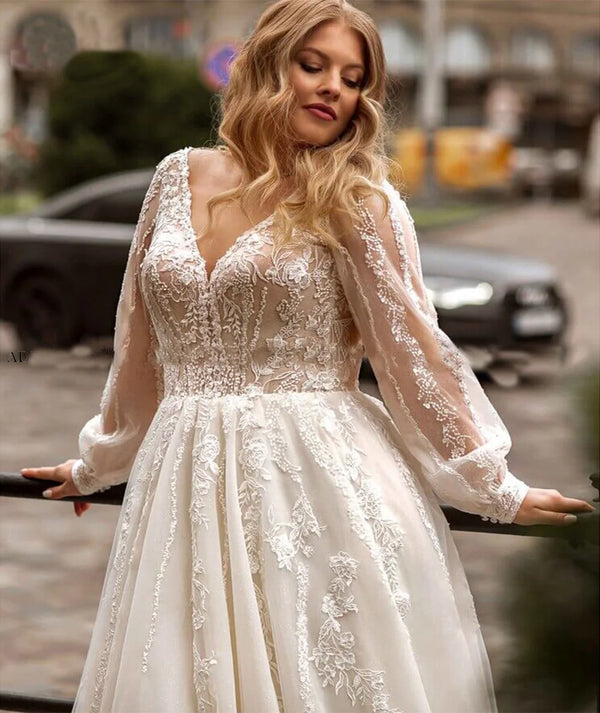 A-Line Wedding Dress Plus Size Tulle Long Sleeve V-Neck Appliques Lace Gown for Elegant Brides