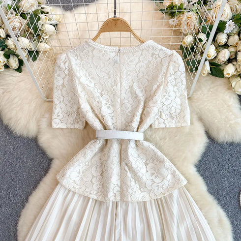 Runway Spring Pleated Chiffon Lace Party Long Dress Midi Dresses