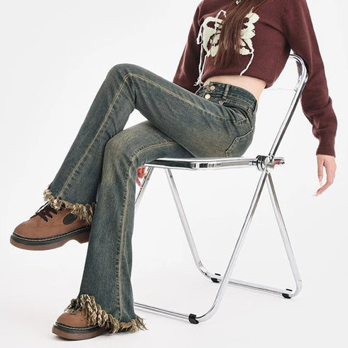 Ripped High Waist Flared Jeans For Women Retro Denim Trousers Casual Street Style Classic Fit