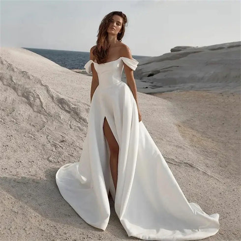 Simple Civil Wedding Dresses Off the Shoulder Sleeveless Dress