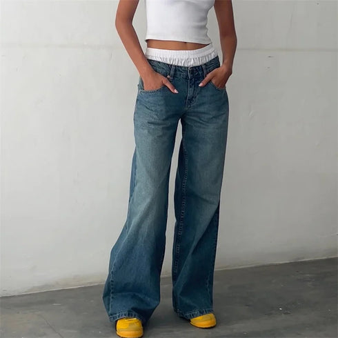 Y2K Inspired Wide Leg Denim Pants for Women - Trendy Low Waist Jeans with Multi Pockets Perfect for Summer Streetwear and Fall Outfits