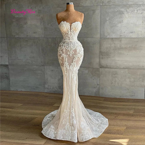 Mermaid Lace Wedding Dress Luxury Crystals Beaded Bridal Gown