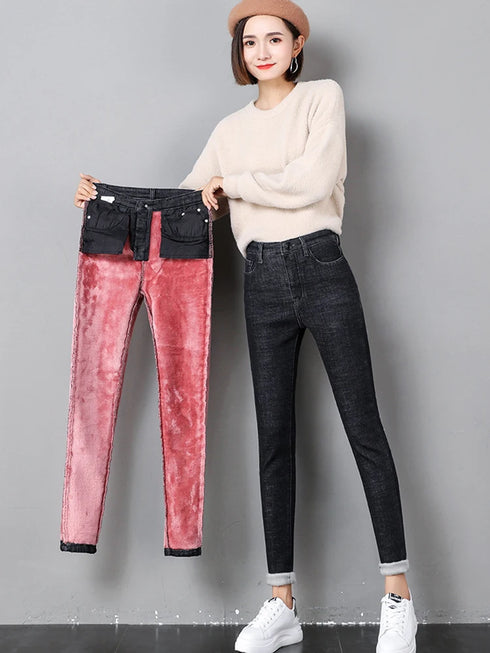 Warmth and Style: Women's Stretchy High-Waisted Pencil Jeans for Cozy Fall Outfits, Perfect for Casual Winter Looks and Everyday Wear
