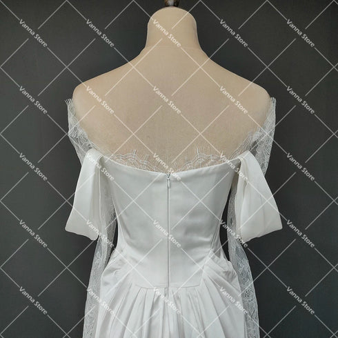 Customized Illusion Tulle Off Shoulder Lace Wedding Gowns A Line Long Sleeves Ruched Satin Bridal Dress