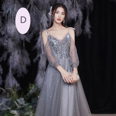 Off Shoulder Lace Illusion A Line Dress Floor Length Glitter Tulle Bow Bridesmaid Dress