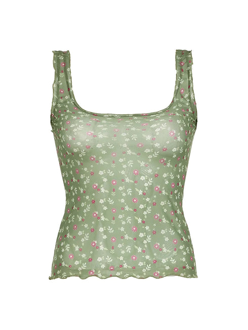 Floral Print Frills Mesh Crop Top Women Sweet Summer Tank Vest Camisole Korean Fashion