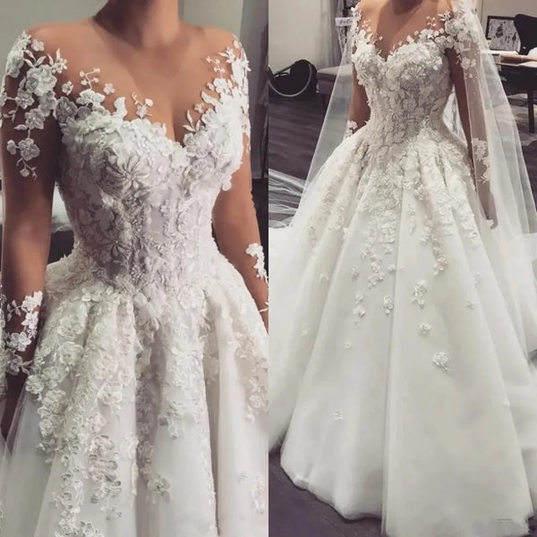 Princess Sheer O-neck Wedding Dress Long Sleeves 3D Floral Lace Appliques Plus Size A-line Bridal Gown