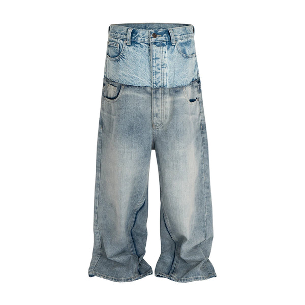 CUT-UP Double-Layer Double Waist Patchwork Baggy Jeans Oversized Casual Loose Denim Trousers