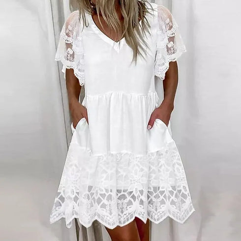 Lace Patchwork A-Line Dress for Women Casual V-Neck Short Sleeved Beach Fashion