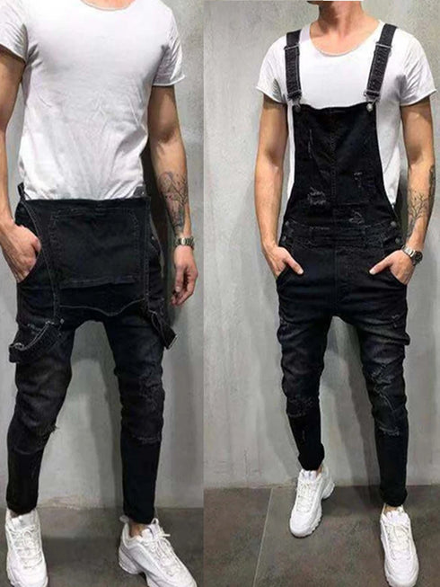 Fashionable Men's Ripped Denim Overalls - Trendy High Street Cargo Bib Jumpsuits for Hip Hop Style and Casual Outfits