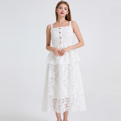 Embroidery Lace Long Cake Dress for Women Evening and Birthday Parties