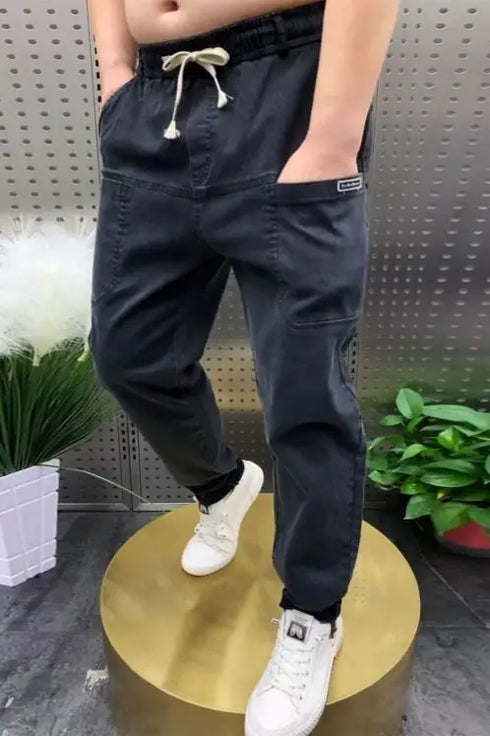 Luxury Baggy Denim Jeans for Men - Washed Streetwear Harem Trousers with Six Pockets, Elastic Waist, Perfect for Spring and Autumn, Casual Medium Wash Jeans Outfit