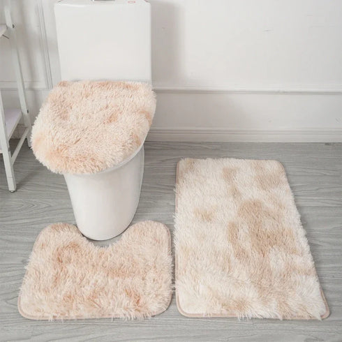 3 Piece Solid Color Bathroom Carpet Set Non-Slip Toilet Lid Cover Rugs Kit