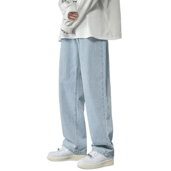 Men's Straight-Leg Denim Pants Hip Hop Style with Pockets