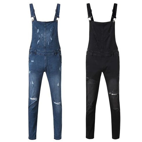 Fashionable Men's Ripped Denim Overalls - Trendy High Street Cargo Bib Jumpsuits for Hip Hop Style and Casual Outfits