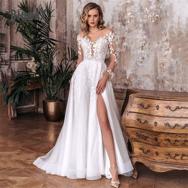 Elegant A-Line Wedding Dress Open Back V-Neck Lace Gown