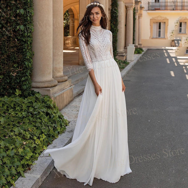 Boho Elegant A Line Wedding Dress Women’s Lace High Neck Customized Chiffon Bridal Gown