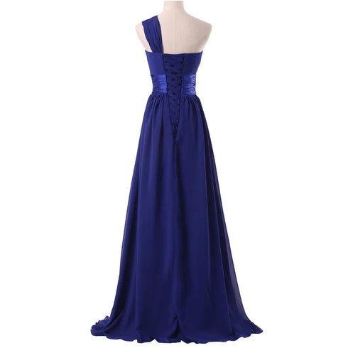 Bridesmaid Dress A Line Chiffon One Shoulder Pleated Back Lace Up Floor Length Wedding Dress