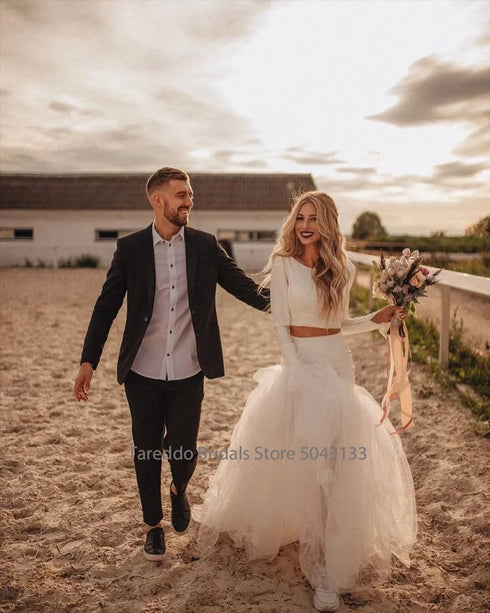 Customized Two-Piece Bohemian Jersey Wedding Dress Casual Bridal Dress