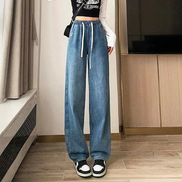 Elastic Waist Drawstring Straight Jeans Women Pocket Chic Style