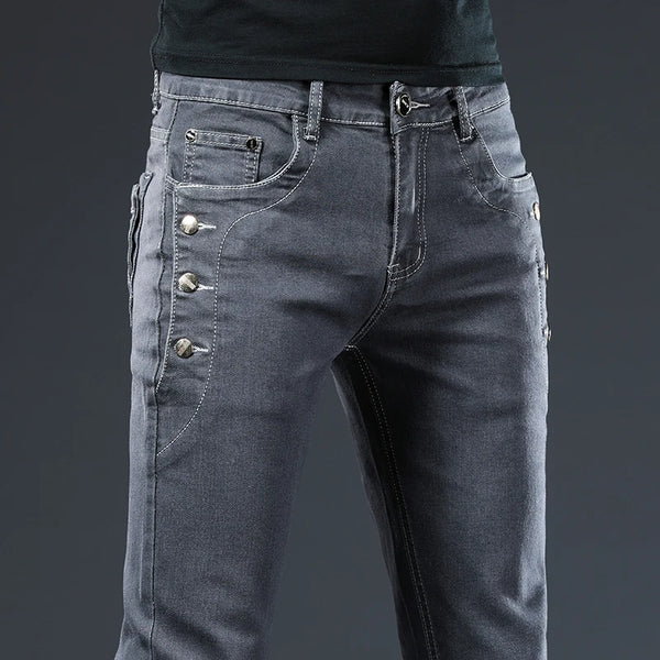 Men's Multi-button Skinny Jeans Stretch Slim Fit Denim Pants