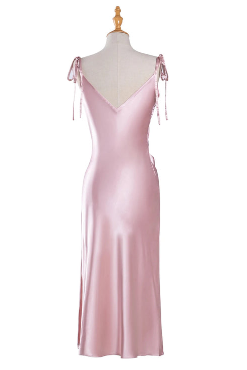 Elegant Satin Cowl Neck Sleeveless Midi Dress With Side Slit Spaghetti Straps Bridesmaids Dress