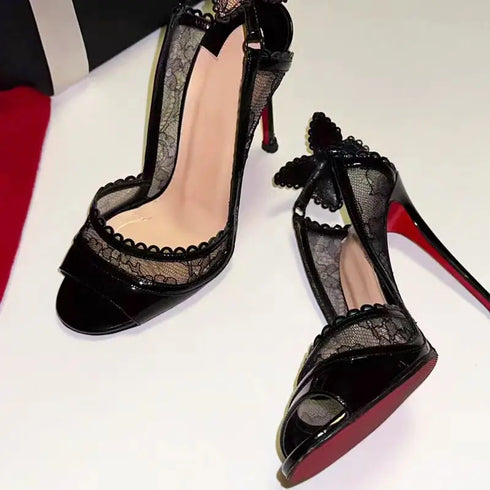 Lace Bowknot Fishmouth Thin High Heels Sandals Elegant