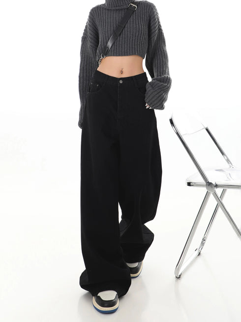 Stylish Wide Leg Black Jeans for Women - Embrace Korean Fashion Streetwear with Baggy Straight Denim Pants Perfect for Fall Outfits and Casual Days