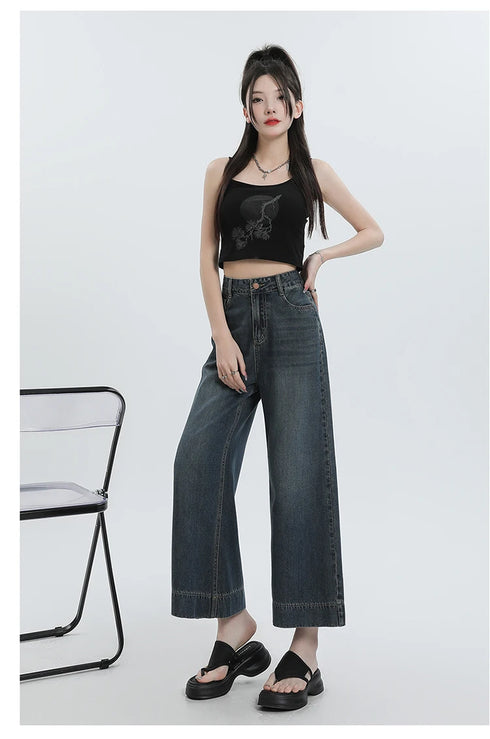 Wide Leg Loose Denim Ankle-Length Jeans for Women - Trendy Streetwear Pants Perfect for Summer Outfits and Casual Styling