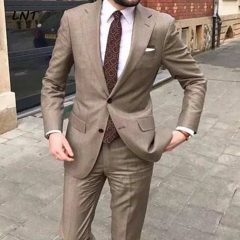 Slim Khaki Men Suits Two Piece Summer Fashion Notch Lapel Chic Business Casual Wedding Set