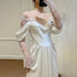 Customized Illusion Tulle Off Shoulder Lace Wedding Gowns A Line Long Sleeves Ruched Satin Bridal Dress