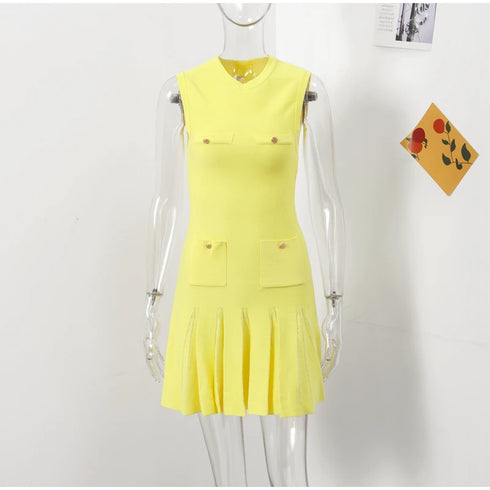 Knit Elegant Button Dress for Women Sleeveless O-neck Pocket Mini Dress Summer Fashion Slim Fit