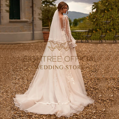 Eightree Elegant Wedding Dresses A-Line V Neck Puff Sleeve Gowns