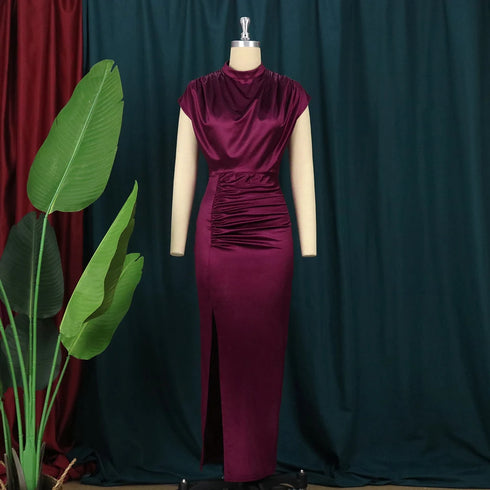 Women Dress Pleated Long Elegant Slit High Collar Maxi Gowns Party