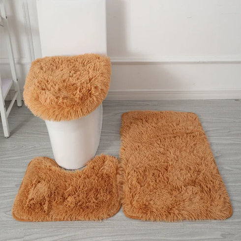 3 Piece Solid Color Bathroom Carpet Set Non-Slip Toilet Lid Cover Rugs Kit