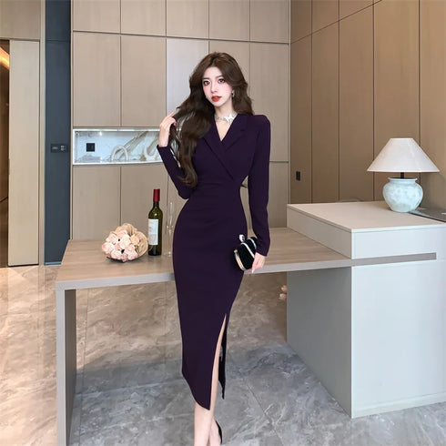Purpled Elegant Pleated Bodycon Suit Dress for Women Chic Formal Dress