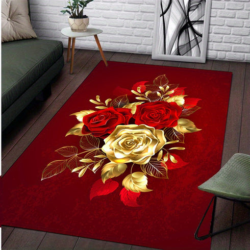 Red Roses Area Rug for Living Room and Bedroom Decor Anti-Slip Floor Mat