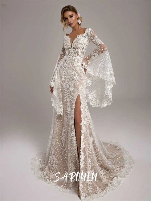 Bohemian Wedding Dress for Women with Long Flare Sleeves