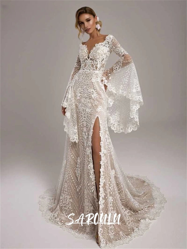 Bohemian Wedding Dress for Women with Long Flare Sleeves