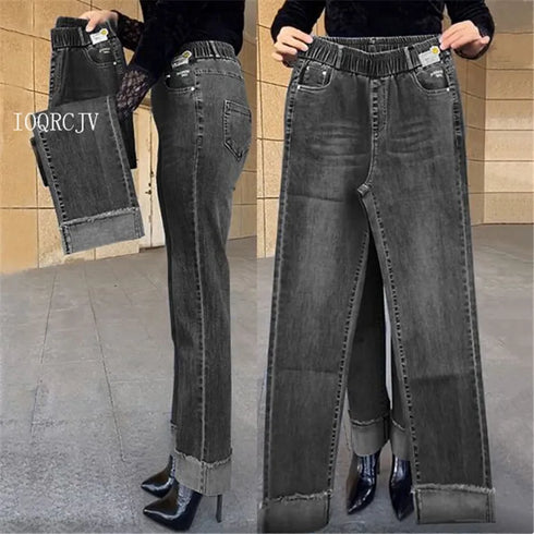 Elastic Waist Jeans For Women High Waist Wide Leg Denim Pants Loose Fit Casual Trousers