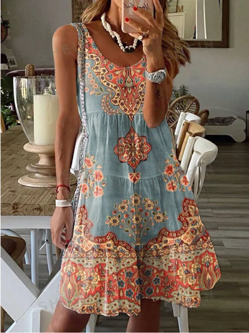 Plus Size Summer Printed Pleated Sleeveless V Neck Dress for Women