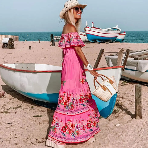 Elegant One-shoulder Short-sleeved Dress For Women Fashion Splicing Floral Print Dresses
