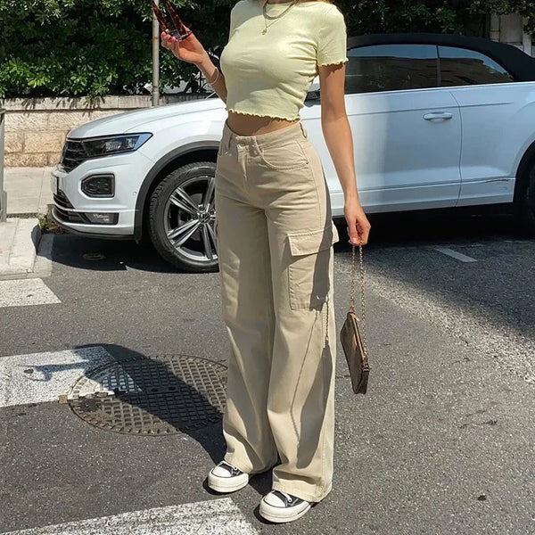 Cargo Jeans For Women High Waist Denim With Splice Detail