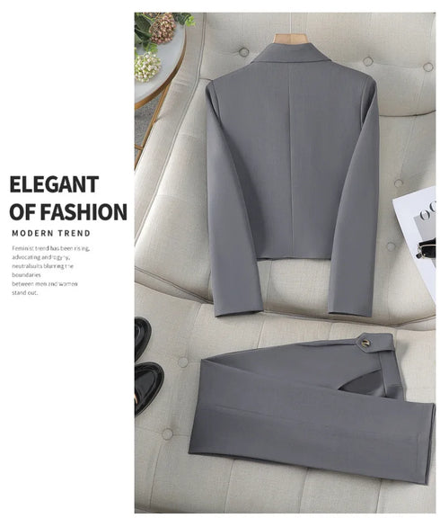 Chic Women's Office Suit Set: Long Sleeve Double Breasted Short Tops with Slim High Waisted Pencil Pants for Spring Fashion