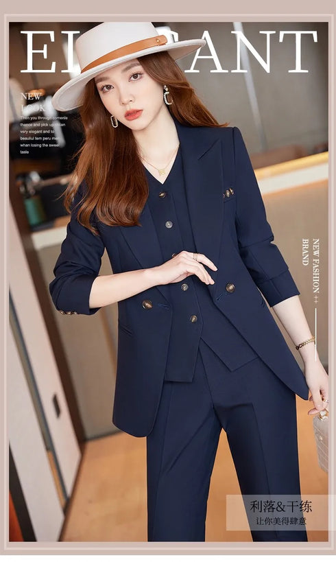 Chic Korean Fashion Women's 3-Piece Blazer Suit Set with Long Sleeve Vintage Jacket and Vest + Slim Straight Pencil Pants for Elegant Business Outfits