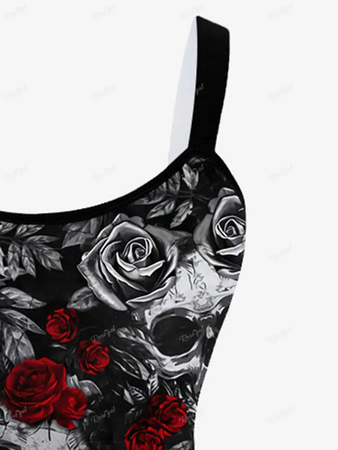 Plus Size Gothic Printed Sleeveless Dress for Women with Skull Rose Graphic