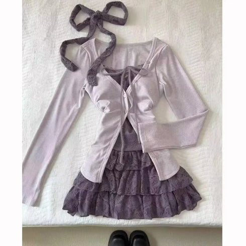 Fashion Vintage Y2K 3 Piece Set Summer Striped Shirt Slim Vest Lace Mini Skirt Women's Chic Outfit