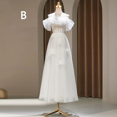 Backless A-Line Bridesmaid Dress With Puff Flower Appliques And Tulle Ankle-Length